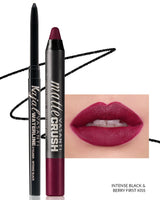 Vasanti Kajal Waterline Eyeliner Black with swatch and Vasanti Matte Crush Lipstick Pencil with lip swatch shade Berry First Kiss - Front Shot