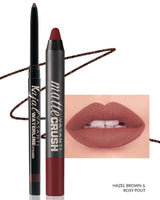 Vasanti Kajal Waterline Eyeliner Hazel Brown with swatch and Vasanti Matte Crush Lipstick Pencil with lip swatch shade Rosy Pout - Front Shot