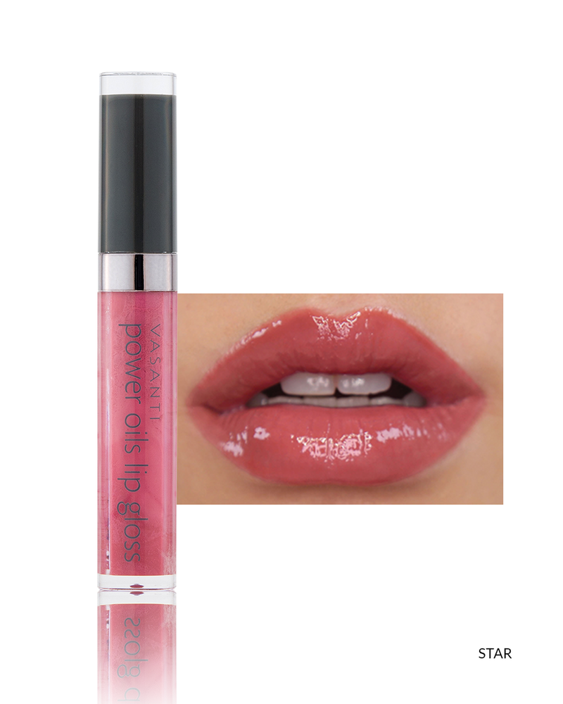 Vasanti Power Oils Lip Gloss - Shade Star lip swatch and product front shot