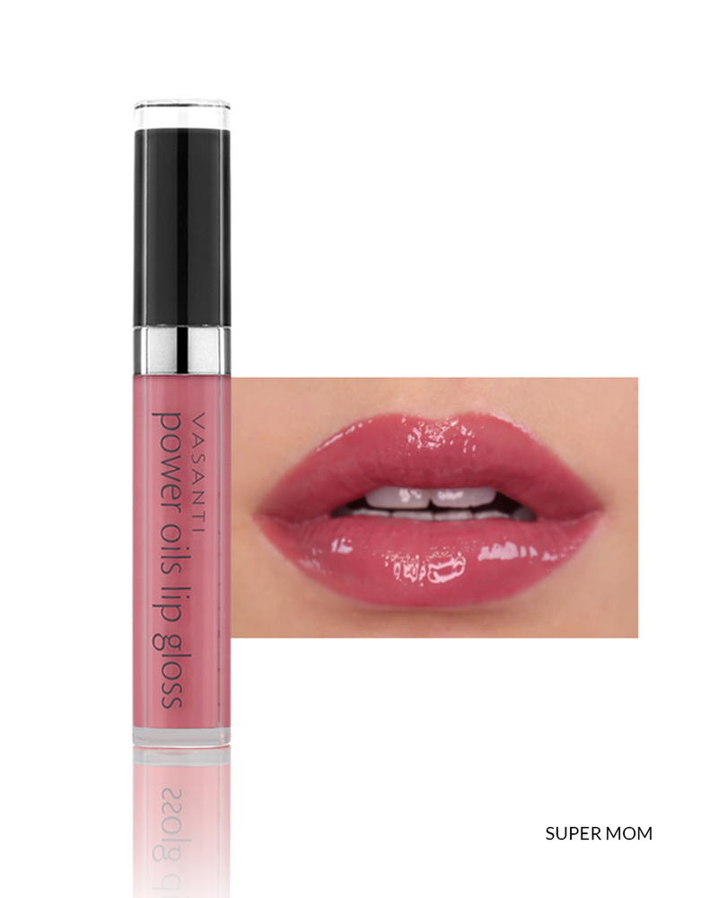 Vasanti Power Oils Lip Gloss - Shade Super Mom lip swatch and product front shot