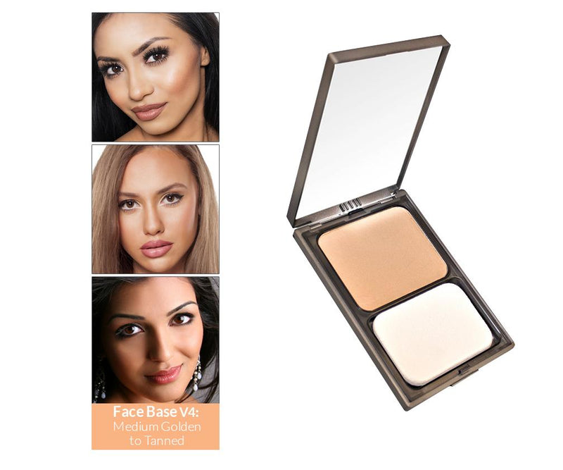 Vasanti Face Base Powder Foundation - Shade V4 Medium Golden to Tanned - Front shot with swatch